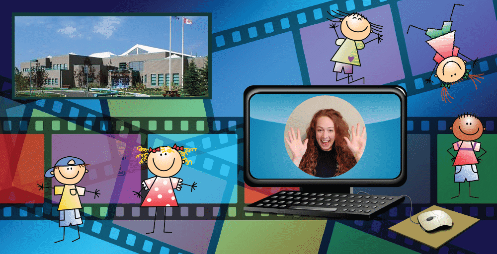 animated photo of laptop with lady in a circular frame, film strips, and a school with blue, yellow, red, and purple
