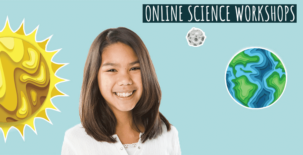 light blue background. Little girl with white top smiles at camera. The sun and the earth float in the background