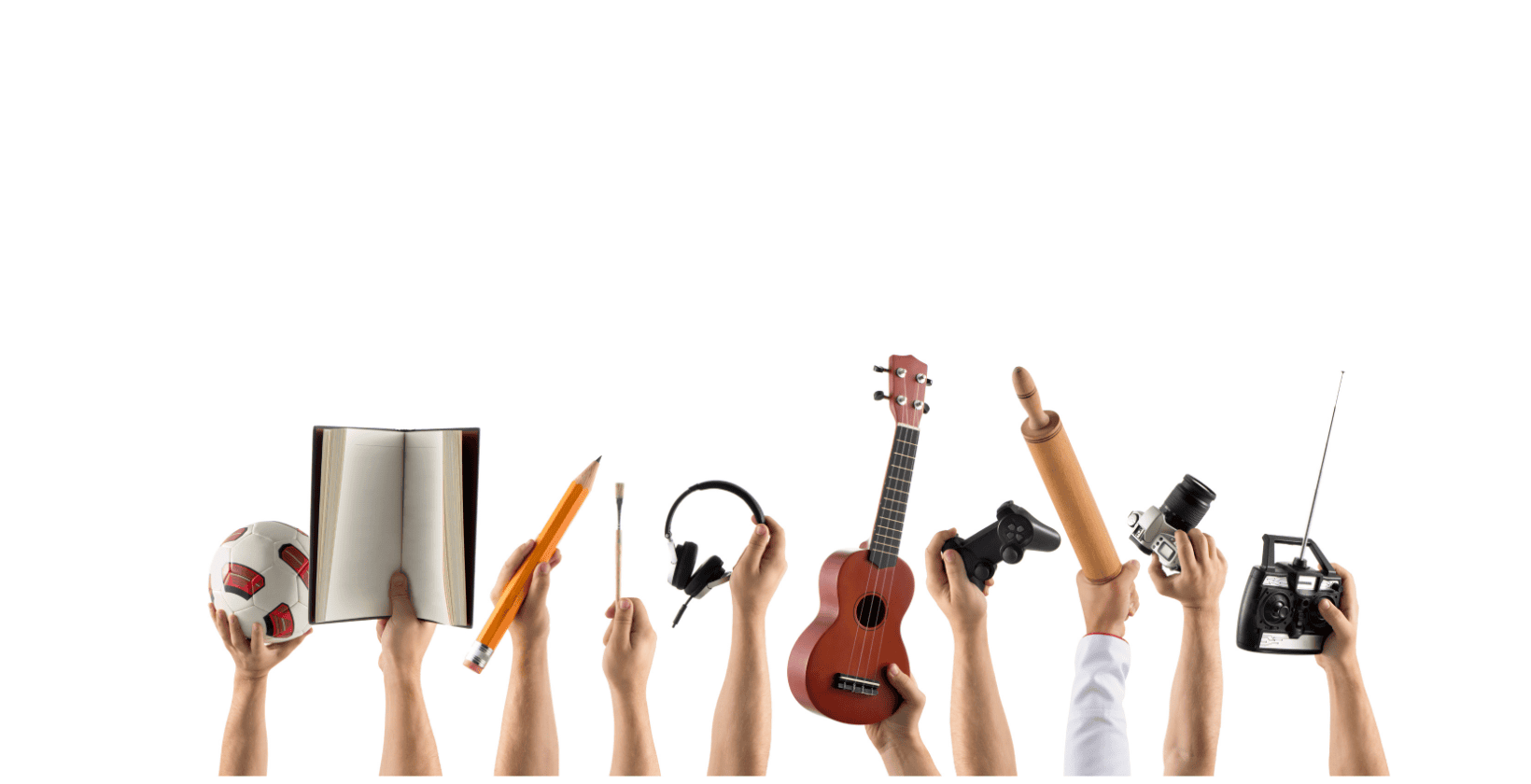 white background with different arms and hands holding many instruments, sports balls, and a book