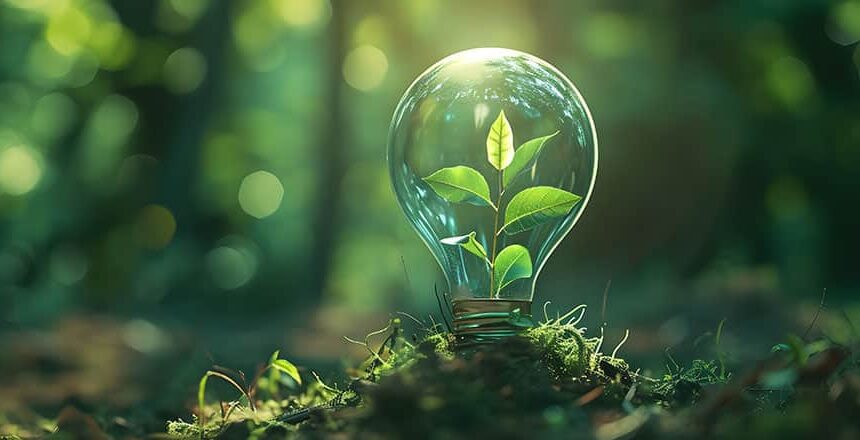 Tree seeds in a light bulb against a green forest backdrop
