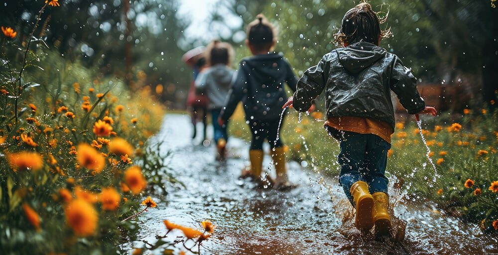 A group of children with impermeable and yellow rubber boots jumping over puddle in a Montessori outdoor environment exploring nature in rain nature in a rainy day, raining, splash, drops, captured with a wide-angle lens to create a sense of freedom and discovery. Shot in a natural setting, with natural lighting to enhance the colors and textures of the environment and the children's clothing.