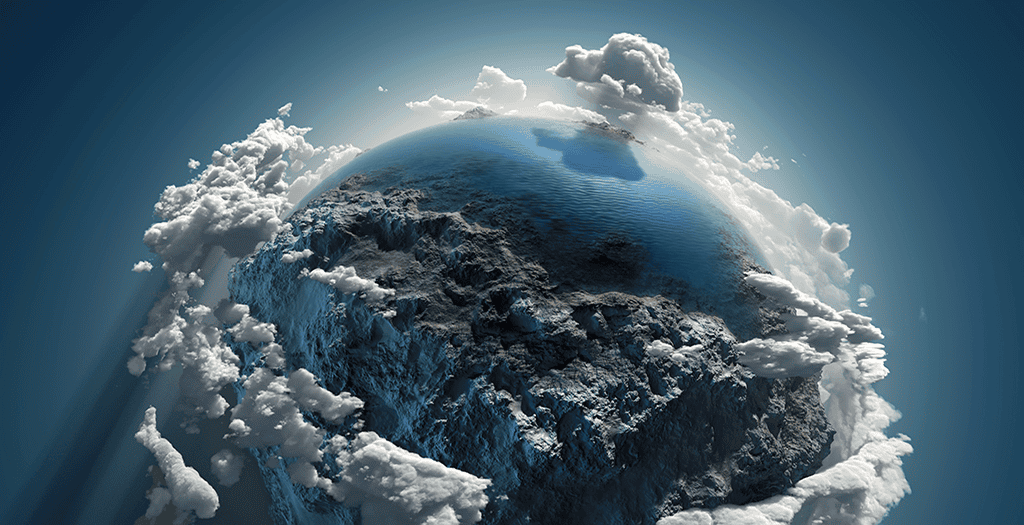 Earth with grey clouds wrapping around the globe.