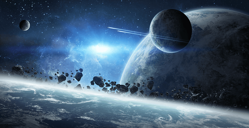 space with meteors and the Earth in the background. A bright blue/white flash is seen in the distance with other planets.
